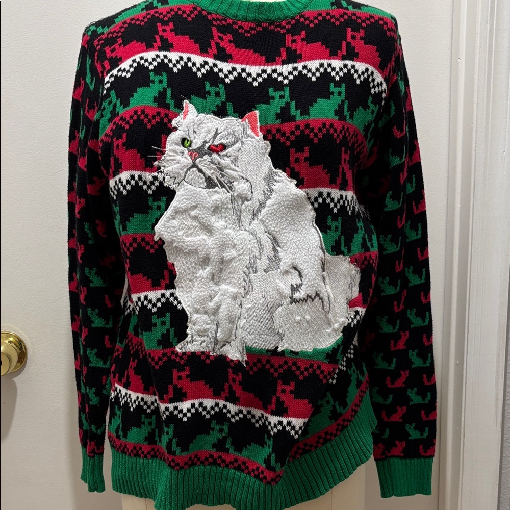 Women's Festive Cat Sweater - Green, Red, Black
